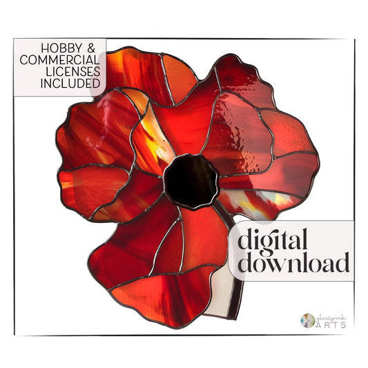 The Poppy Stained Glass Flowers Pattern showcases a vibrant red and orange flower with a black center, similar to a poppy template. It features a white background and includes the text Hobby & Commercial Licenses Included in this digital download.