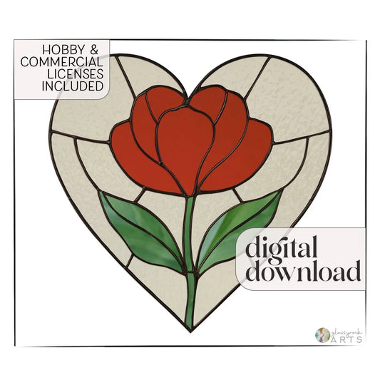 The Heart Stained Glass Poppy Pattern showcases a red rose with green leaves in a heart shape. It includes text: Hobby & Commercial Licenses Included and digital download. This stunning piece is perfect for creating a poppy suncatcher.