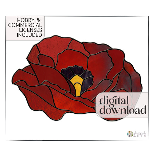 The Big Flora Giant Stained Glass Poppy Pattern features an illustration of a poppy on a white background with text stating Hobby & Commercial Licenses Included and digital download. Ideal for creating your own digital pattern effortlessly.