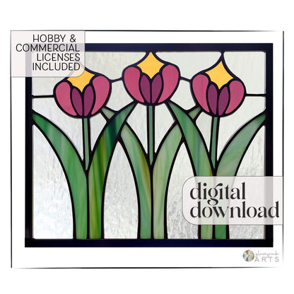 A beautiful rectangular stained glass flower panel, prairie style with three pink and yellow tulips and green leaves with clear glass background, on a white background with the words "digital download" and "hobby and commercial licenses included" superimposed.