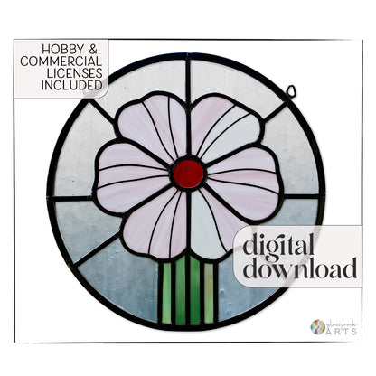 A round stained glass panel with a pink flower and red center, on a white background, with the text "digital download" and "hobby and commercial licenses" superimposed.