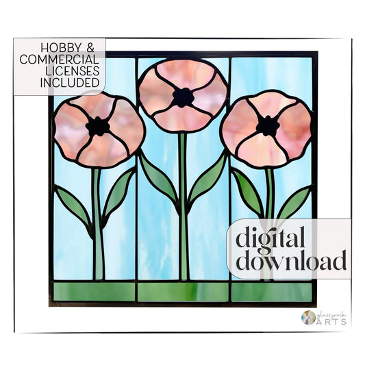 A picture of three poppies in a stained glass panel with the words "digital download" and "hobby and commercial licenses included" superimposed over it.