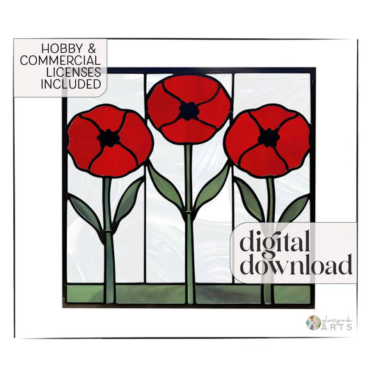 The Prairie Poppies Stained Glass Pattern features three vibrant red poppies with green stems on a clear, textured background. This digital download, ideal for a sun catcher, includes text overlay stating Hobby & Commercial Licenses Included.