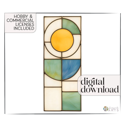 A yellow, white, blue, and green stained glass panel featuring a sun above and abstract straight and curvilinear shapes below. The panel is rectangular and tall. There is text superimposed which reads "hobby and commercial licenses included" and "digital download."