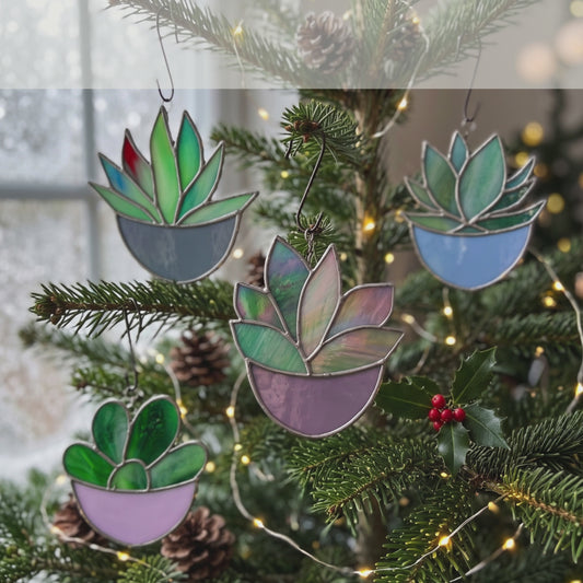 Succulent Ornaments Stained Glass Patterns, 4-Pack, PDF & PNG
