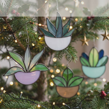 Potted Plant Ornaments Stained Glass Patterns, 4-Pack, PDF & PNG