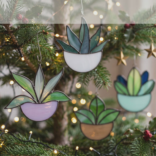 Potted Plant Ornaments Stained Glass Patterns, 4-Pack, PDF & PNG
