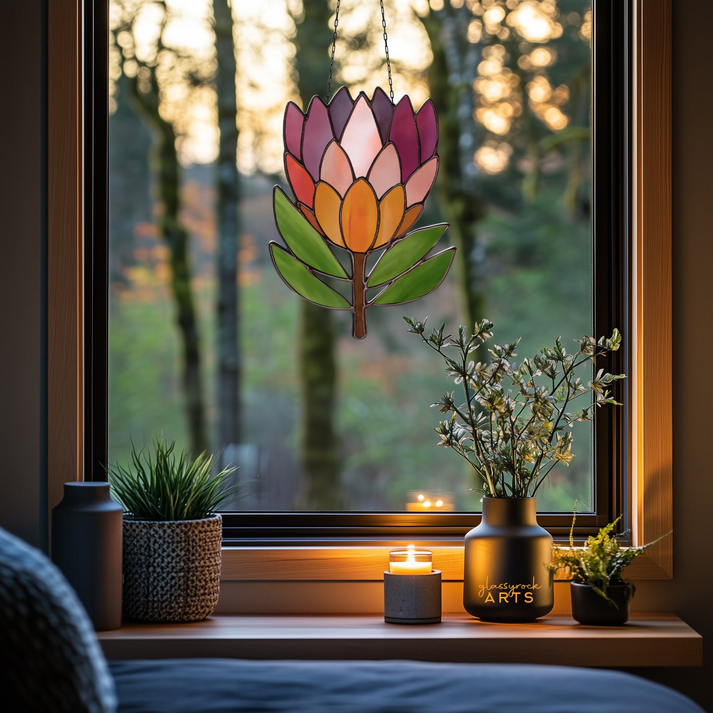 Protea Flower Stained Glass Pattern with PNG