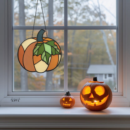 A pumpkin suncatcher, hanging in a window with fall foliage behind, and a couple of jack-o-lanterns on the windowsill.