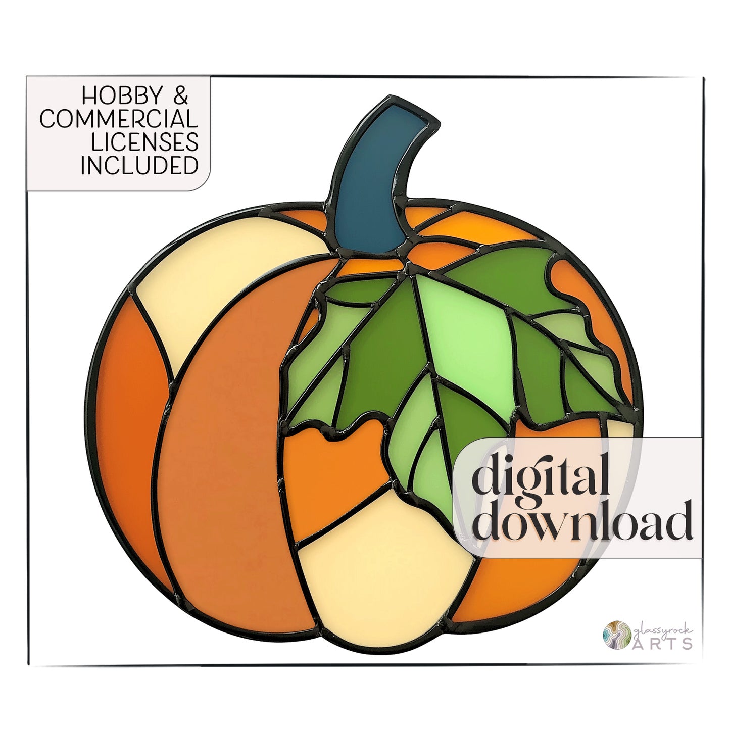 a pumpkin suncatcher with the text "hobby and commercial licenses included" and "digital download" super imposed over the image.