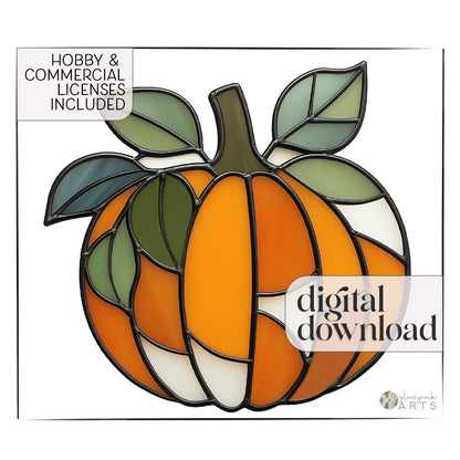 A leafy pumpkin suncatcher, superimposed with the text "hobby and commercial licenses included" and "digital download."