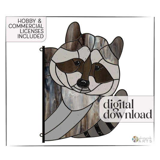 A picture of the Raccoon Buddy Stained Glass Pattern from GlassyRock Arts. 