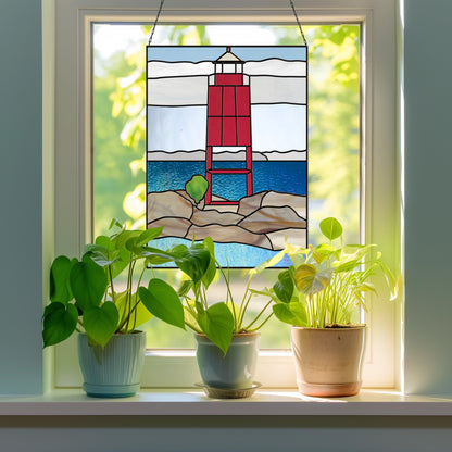 A picture of the Racine Lighthouse Landscape Stained Glass Pattern from GlassyRock Arts. 