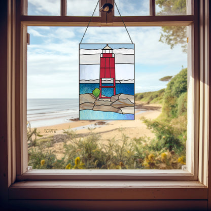 A picture of the Racine Lighthouse Landscape Stained Glass Pattern from GlassyRock Arts. 