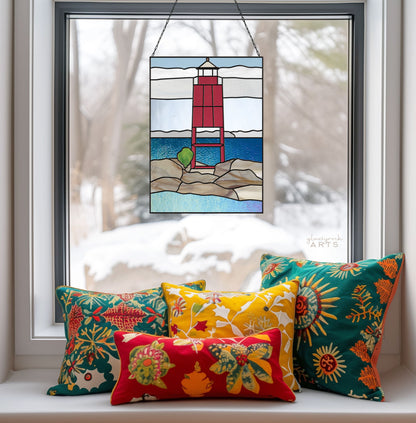 A picture of the Racine Lighthouse Landscape Stained Glass Pattern from GlassyRock Arts. 