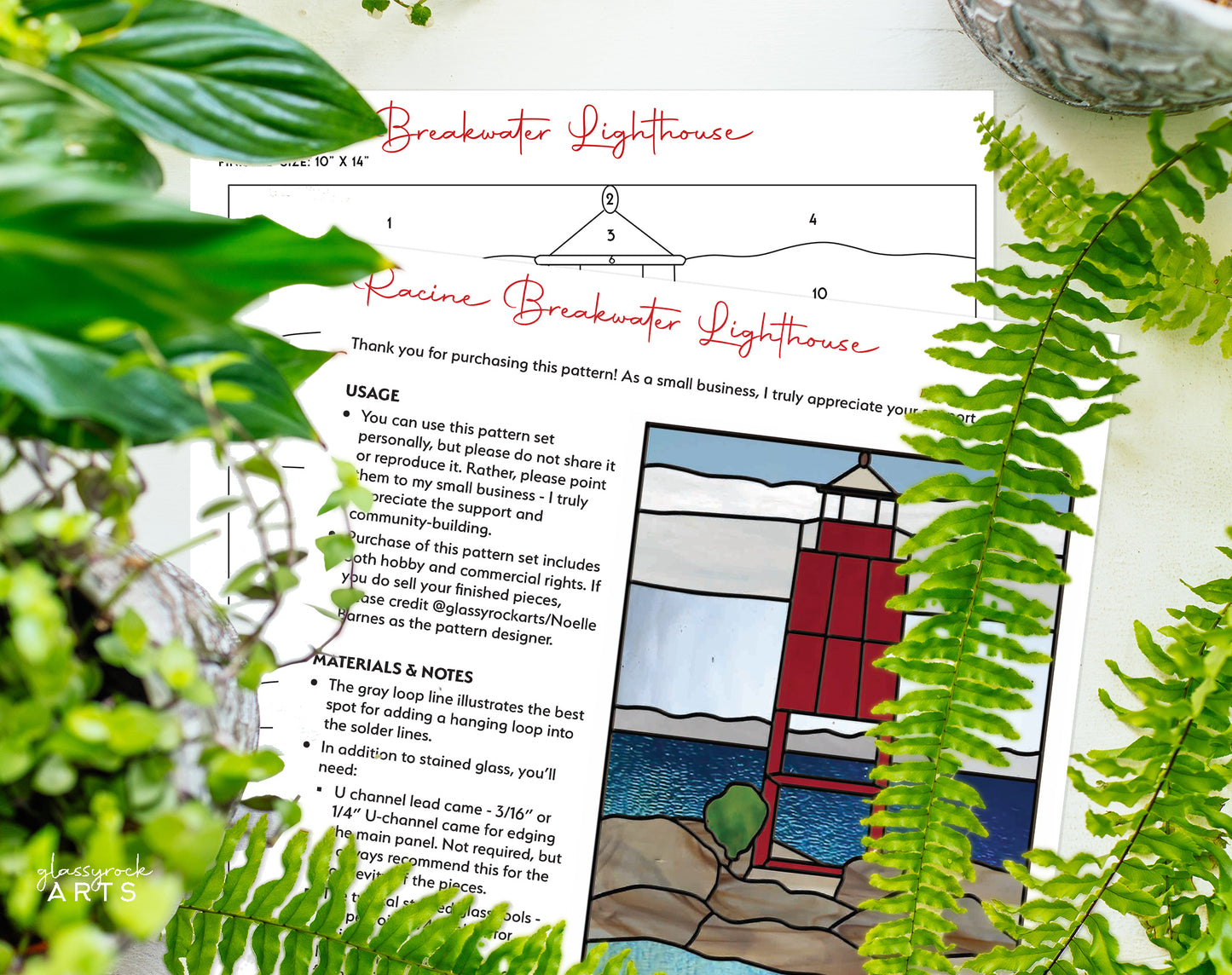 Racine Lighthouse Landscape Stained Glass Pattern