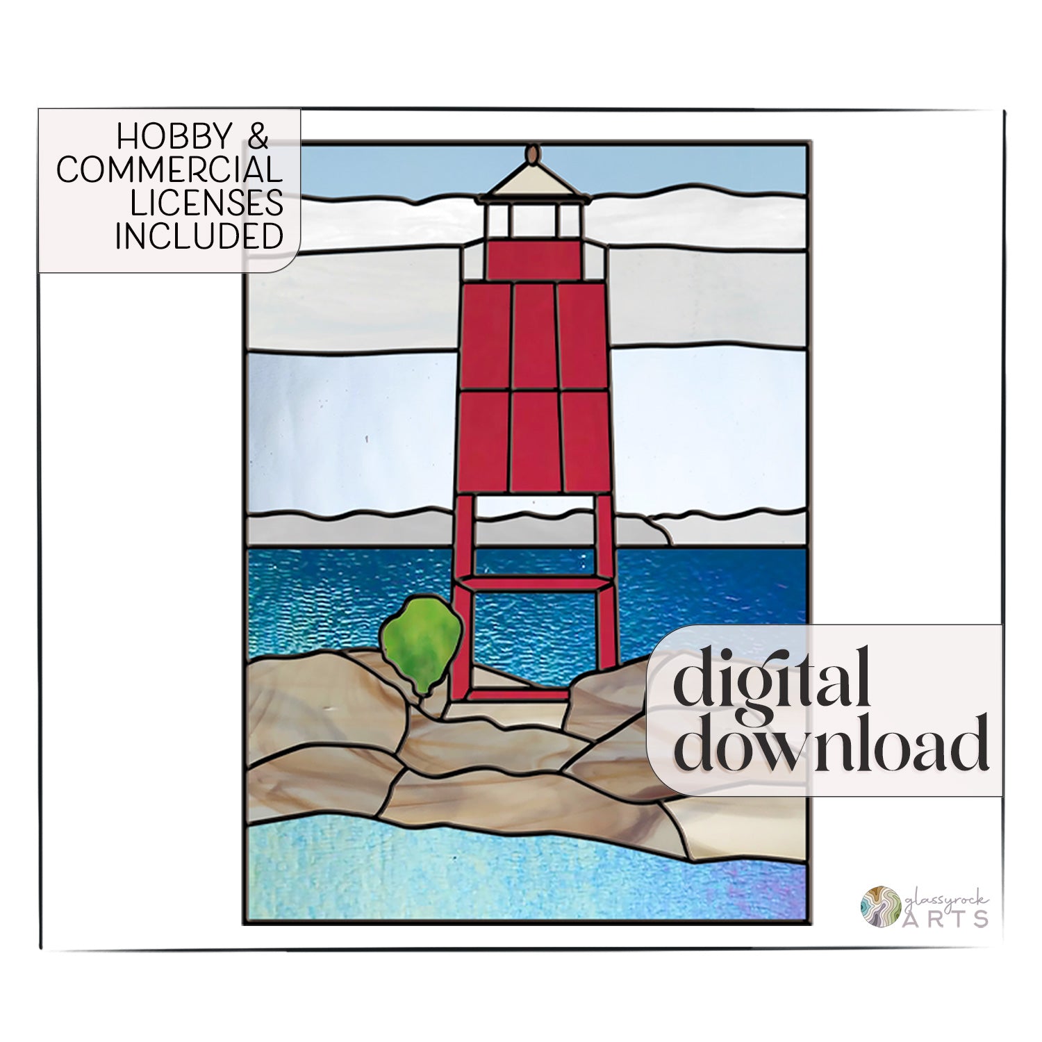 A picture of the Racine Lighthouse Landscape Stained Glass Pattern from GlassyRock Arts. 