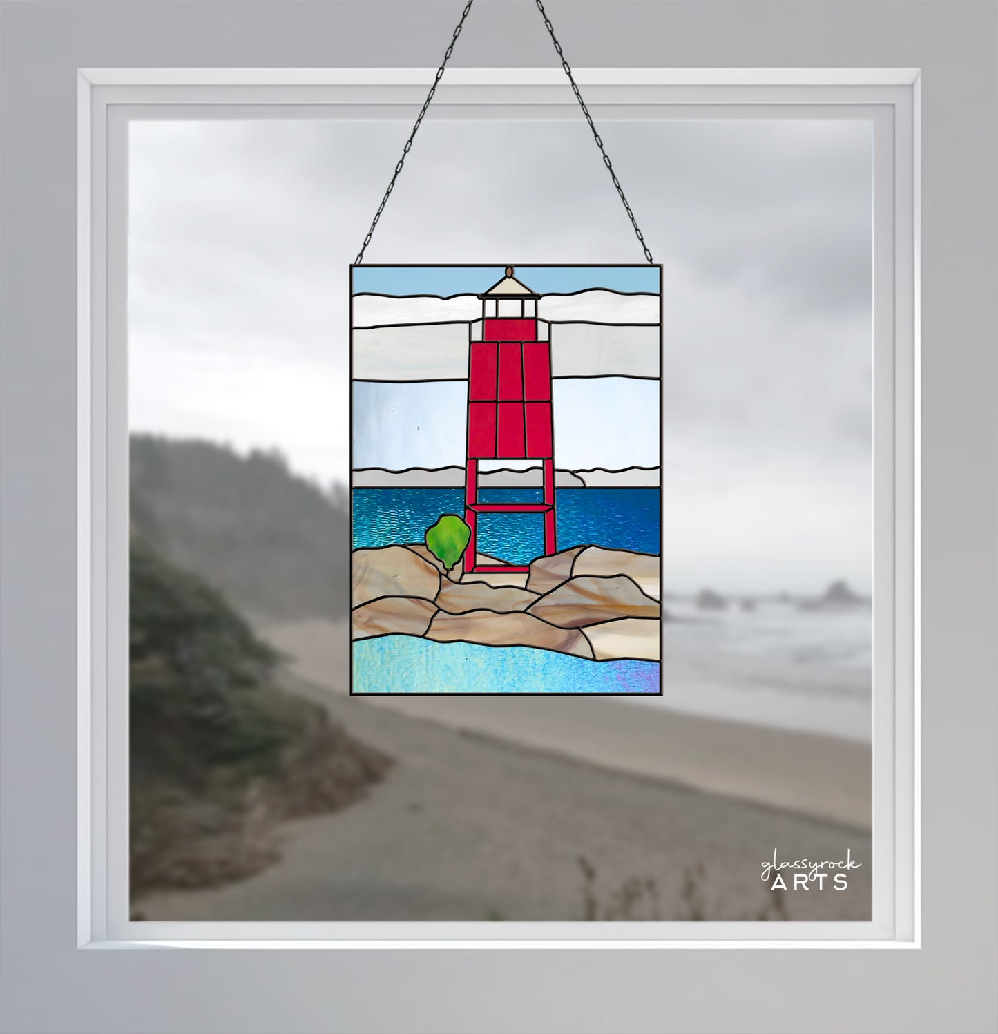 Racine Lighthouse Landscape Stained Glass Pattern