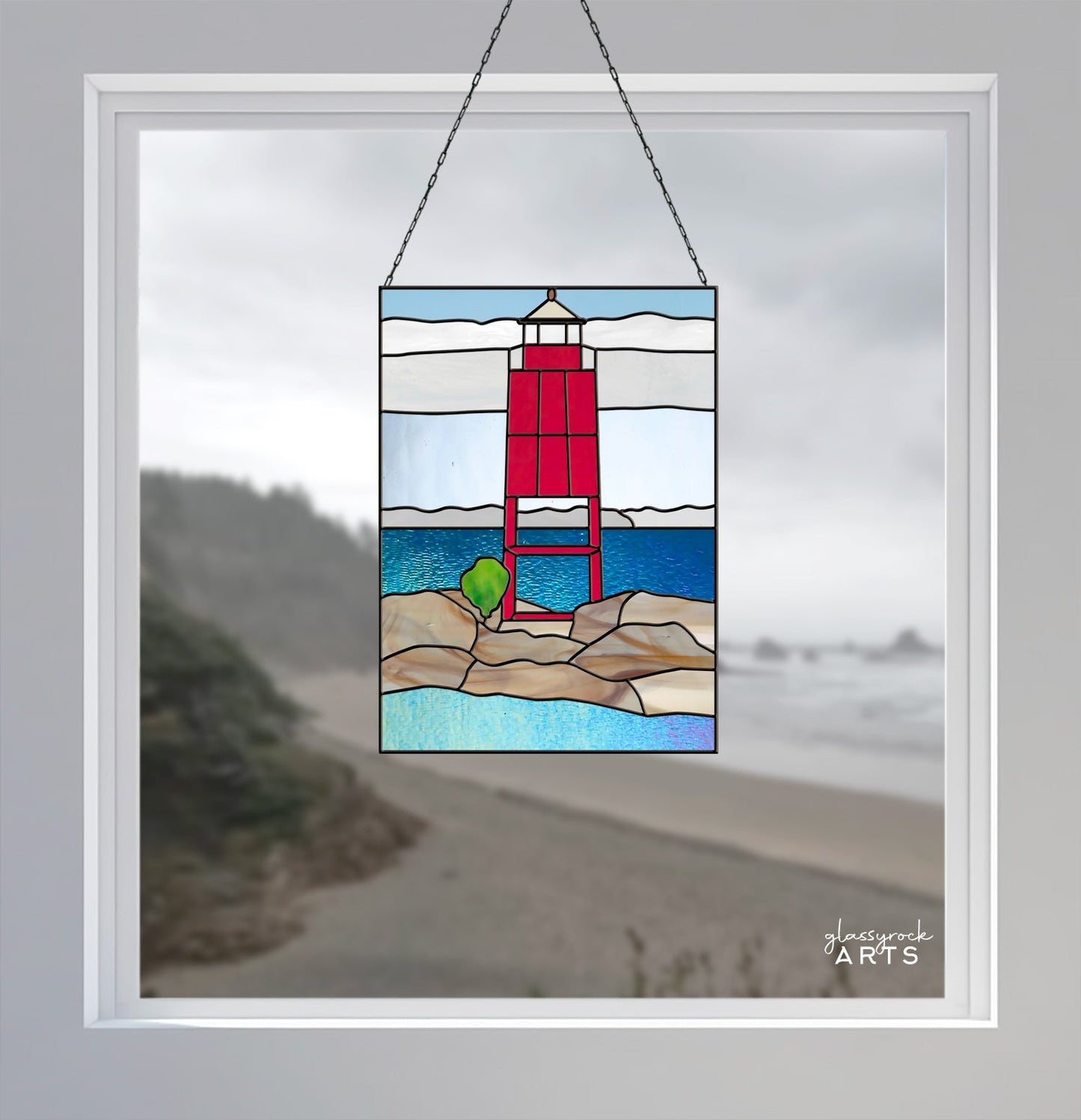 Racine Lighthouse Landscape Stained Glass Pattern