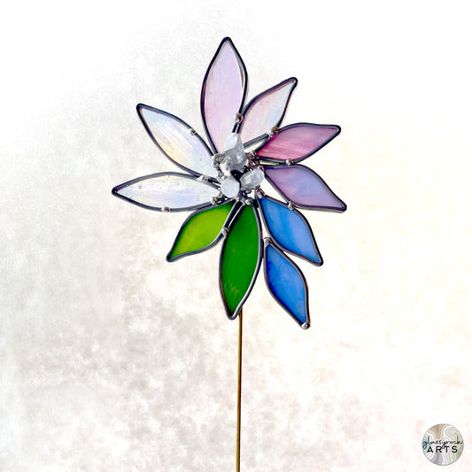 Handmade Stained Glass Flower Plant Stake with Crystals - Rainbow