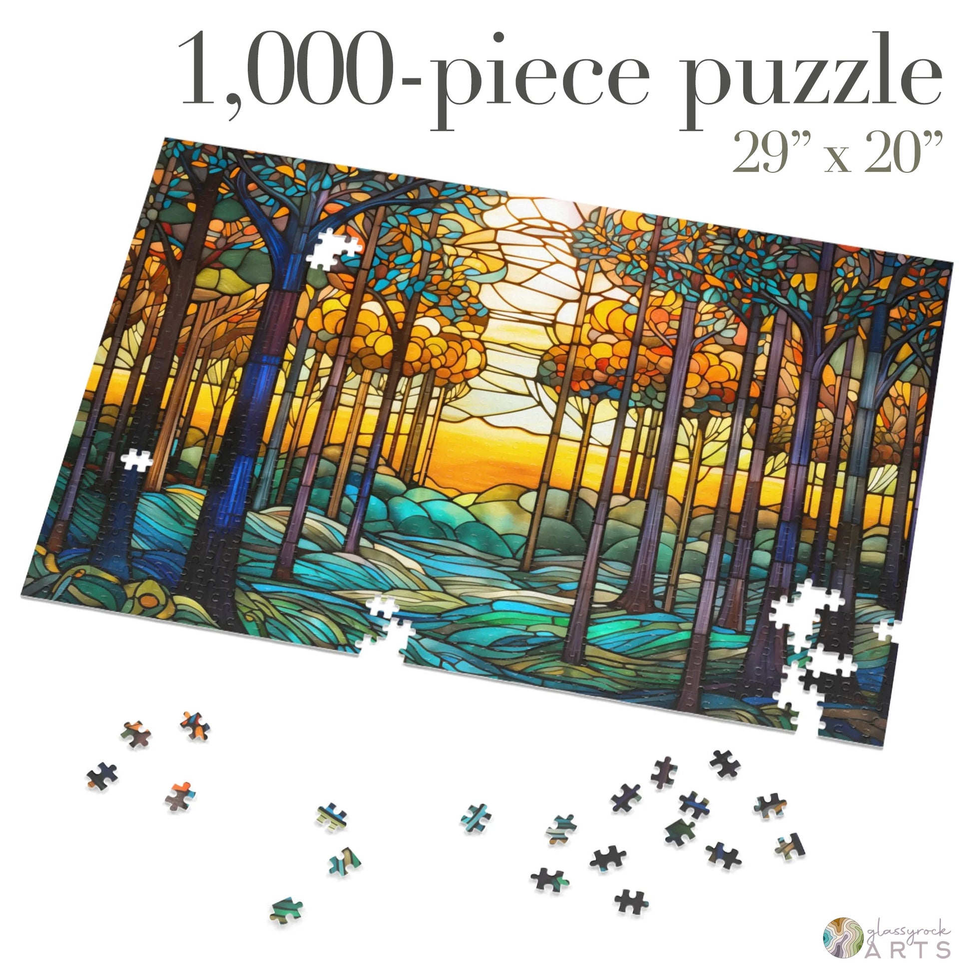 A picture of the Stained Glass Rainbow Forest Jigsaw Puzzle from GlassyRock Arts. 