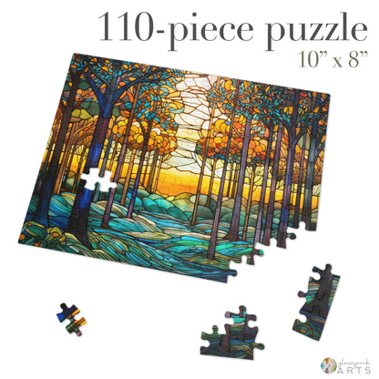 The Stained Glass Rainbow Forest Jigsaw Puzzle, with 110 high-quality chipboard pieces, features a colorful forest sunset. The partially completed puzzle depicts scattered pieces and text showing its dimensions of 10 x 8.