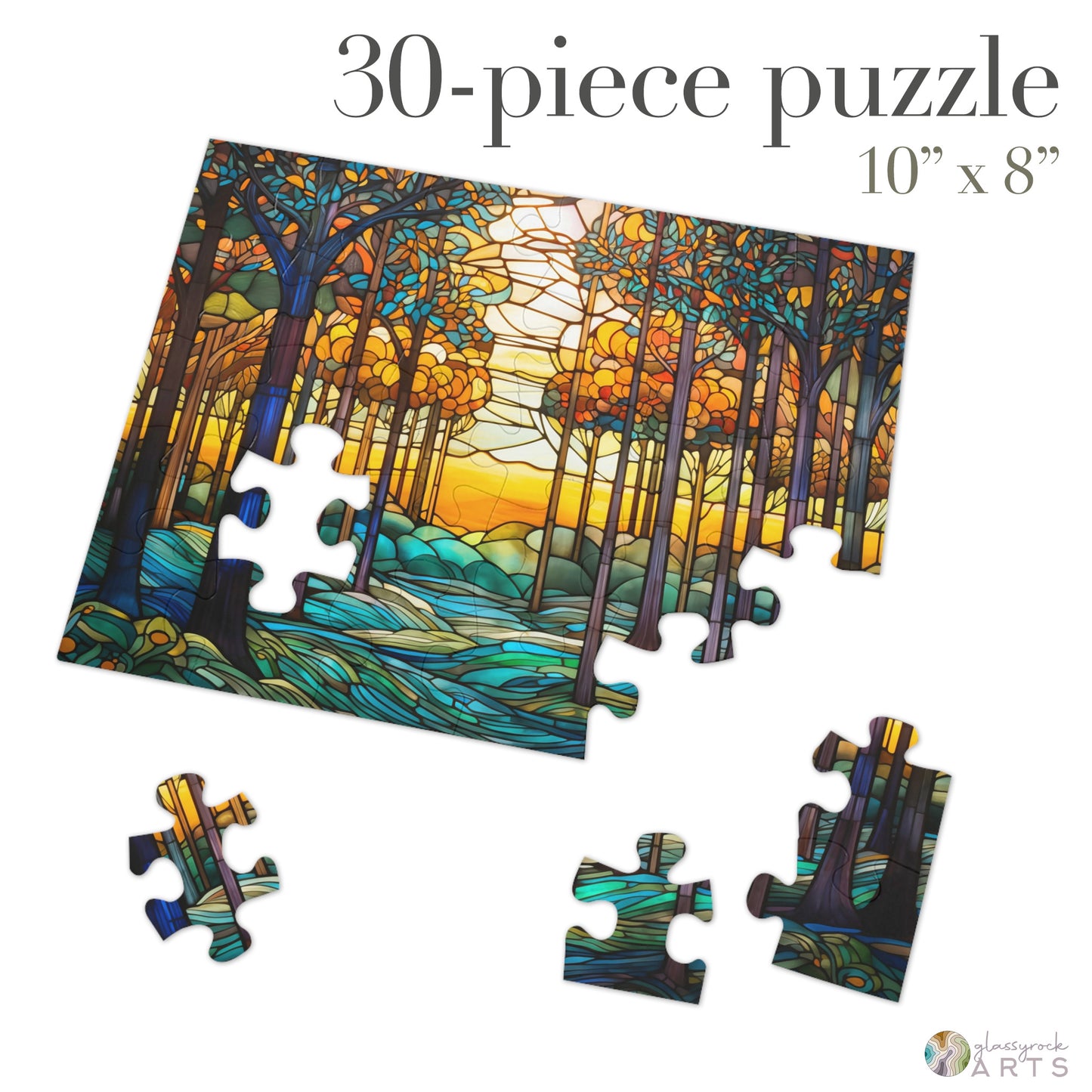 The Stained Glass Rainbow Forest Jigsaw Puzzle features 30 high-quality chipboard pieces depicting a forest with trees and sunlight. With vibrant blue, orange, and green segments detached for added beauty, this 10” x 8” puzzle makes an ideal gift for jigsaw enthusiasts.