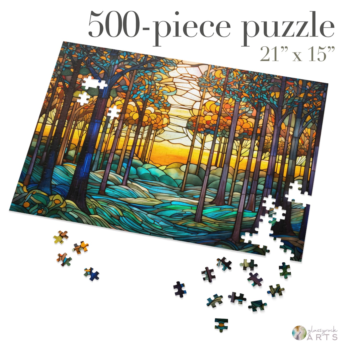 The Stained Glass Rainbow Forest Jigsaw Puzzle is a 500-piece gift with a vibrant sunset over tall trees and rolling hills. High-quality chipboard pieces are scattered around the partially done puzzle. The text 500-piece puzzle 21 x 15 is displayed at the top.