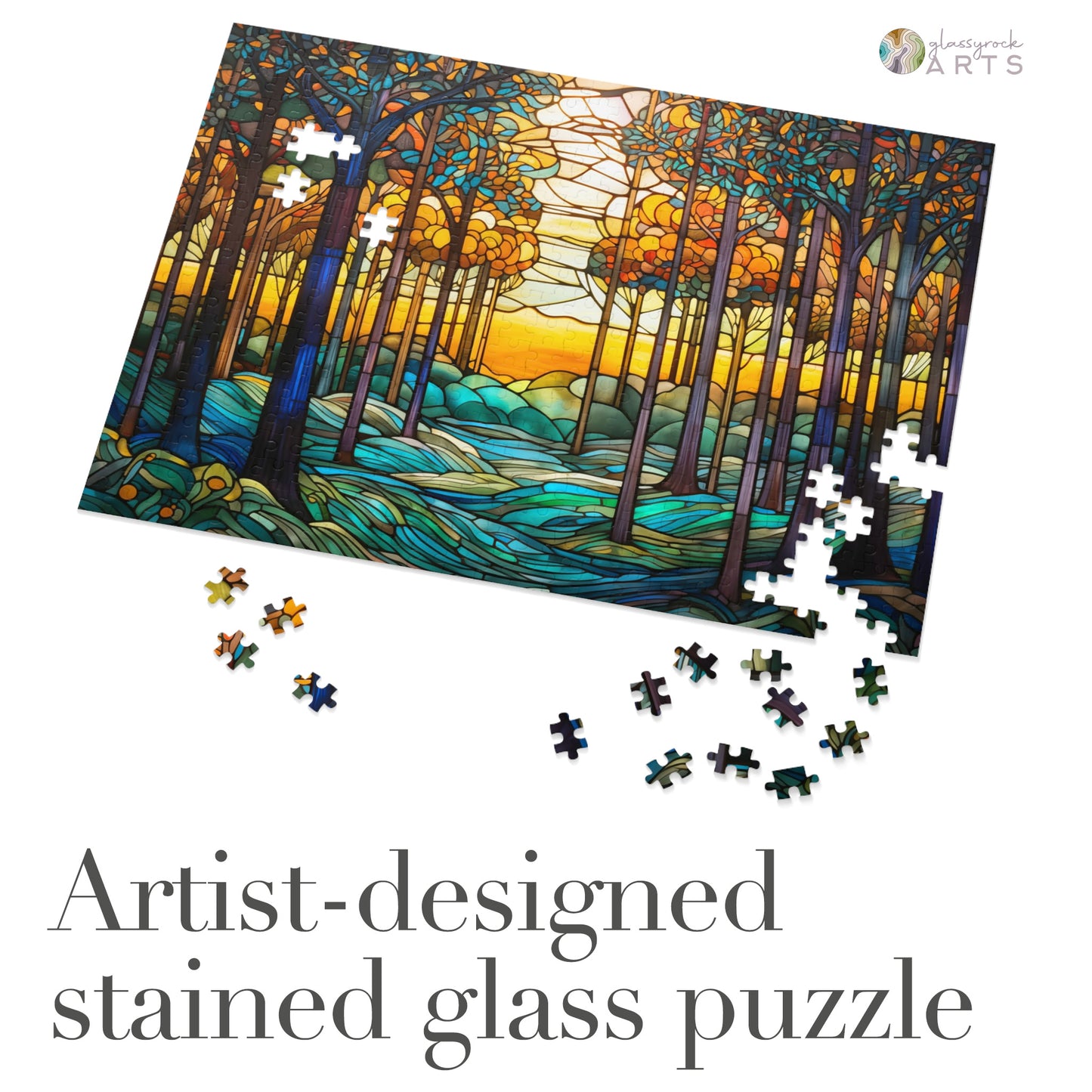 The Stained Glass Rainbow Forest Jigsaw Puzzle features high-quality chipboard pieces, showcasing a forest with tall trees set against a vibrant sunset. Partially assembled pieces surround it, and text reads, Artist-designed jigsaw puzzle gift.