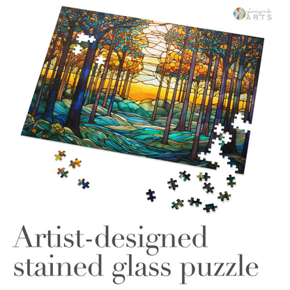 The Stained Glass Rainbow Forest Jigsaw Puzzle features high-quality chipboard pieces, showcasing a forest with tall trees set against a vibrant sunset. Partially assembled pieces surround it, and text reads, Artist-designed jigsaw puzzle gift.