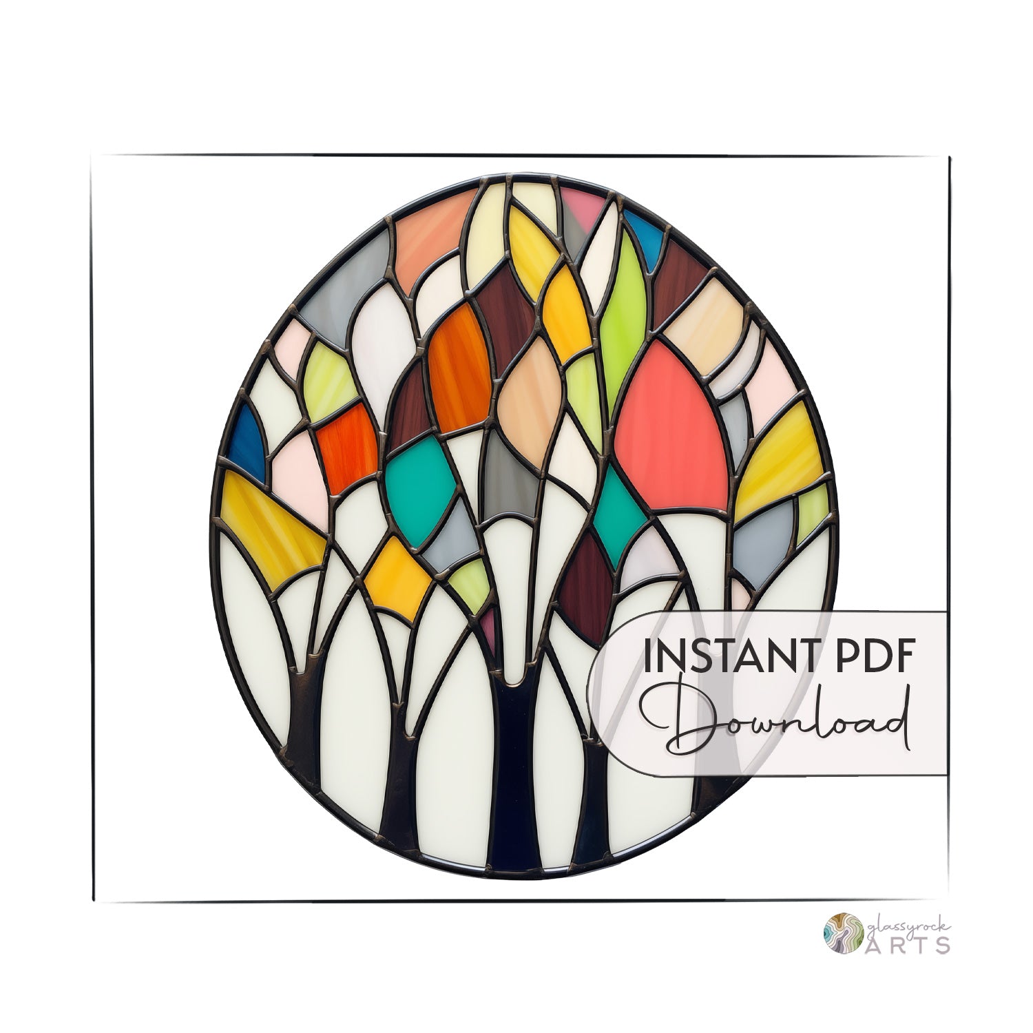 Circular stained glass design with colorful abstract patterns, displayed with a text overlay that reads "INSTANT PDF Download.