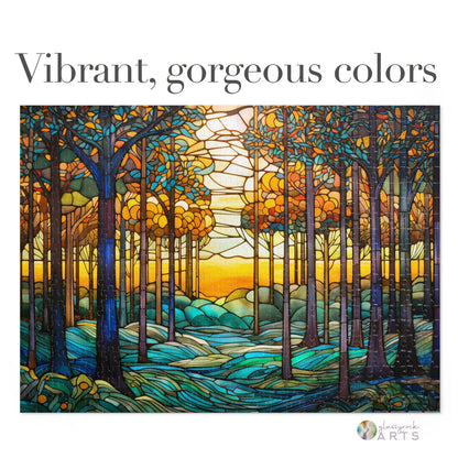 The Stained Glass Rainbow Forest Jigsaw Puzzle showcases a forest scene with multicolored trees and a vibrant sunset. The text Vibrant, gorgeous colors adorns the top, and its crafted from high-quality chipboard pieces. The Hawesworth Arts logo is at the bottom right—an ideal gift.