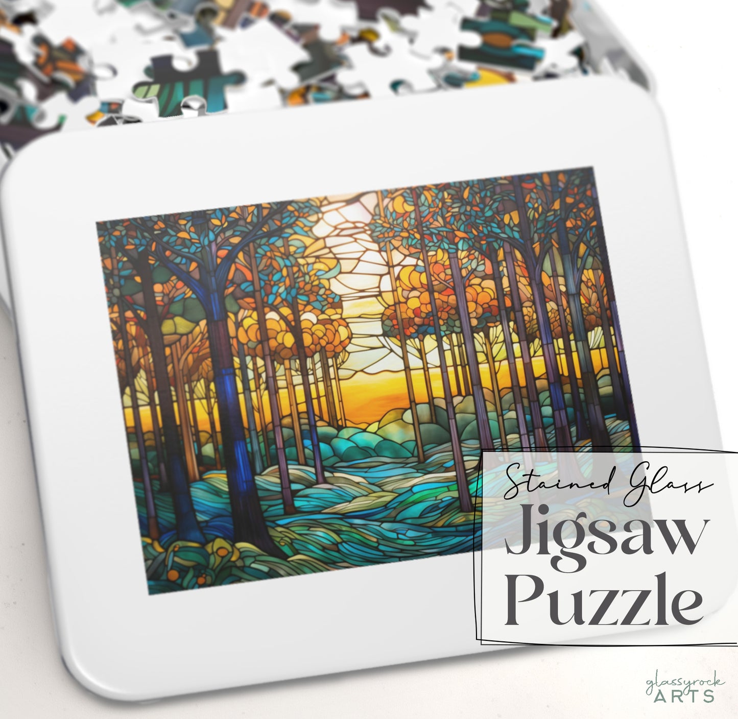 A picture of the Stained Glass Rainbow Forest Jigsaw Puzzle from GlassyRock Arts. 