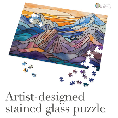 A picture of the Stained Glass Mountains Jigsaw Puzzle from GlassyRock Arts. 