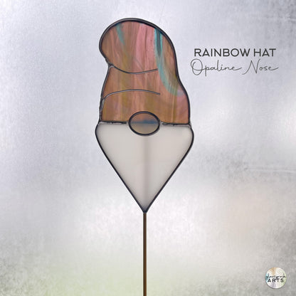 Handmade Stained Glass Gnome Plant Stake - Rainbow Hat