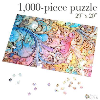 Image of the partially completed Stained Glass Rainbow Paisley Jigsaw Puzzle, featuring a swirling abstract pattern in blues, pinks, and browns. With a size of 29x20 inches and scattered pieces nearby, this 1,000-piece puzzle is an ideal gift for art lovers.