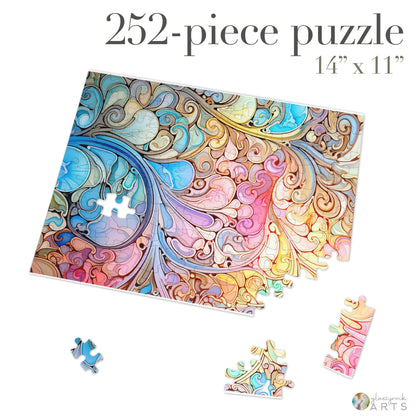 The Stained Glass Rainbow Paisley Jigsaw Puzzle is a 252-piece puzzle with intricate, colorful swirling patterns in blues, pinks, yellows, and greens. Partially assembled on a white background with three pieces missing at the bottom right, it makes a perfect gift for art lovers.