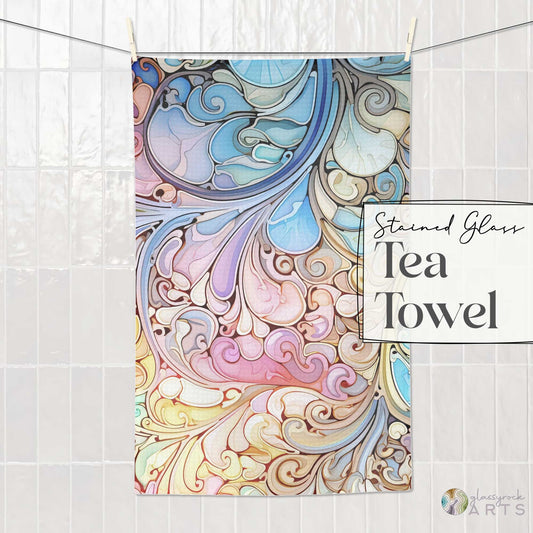 An image of the rainbow paisley waffle tea towel, from GlassyRock Arts.