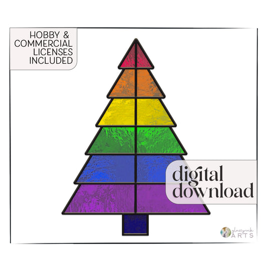 The Beginner Christmas Tree Rainbow Stained Glass Pattern features a stained glass-style Christmas tree design, suitable for beginners or suncatcher projects. It has rainbow-colored sections on a white background and includes both hobby & commercial licenses and a digital pattern download.