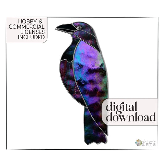 Illustrated bird with iridescent, multicolored feathers resembling the Raven Stained Glass Pattern on a white background. The text reads Hobby & Commercial Licenses Included and digital download in elegant fonts.