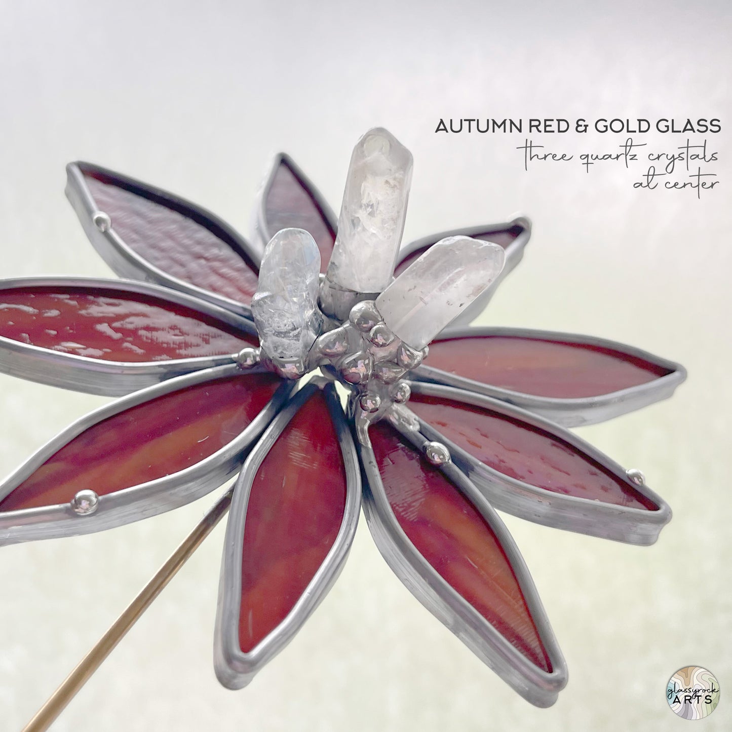 Handmade Stained Glass Flower and Crystal Plant Stake - Red and Gold