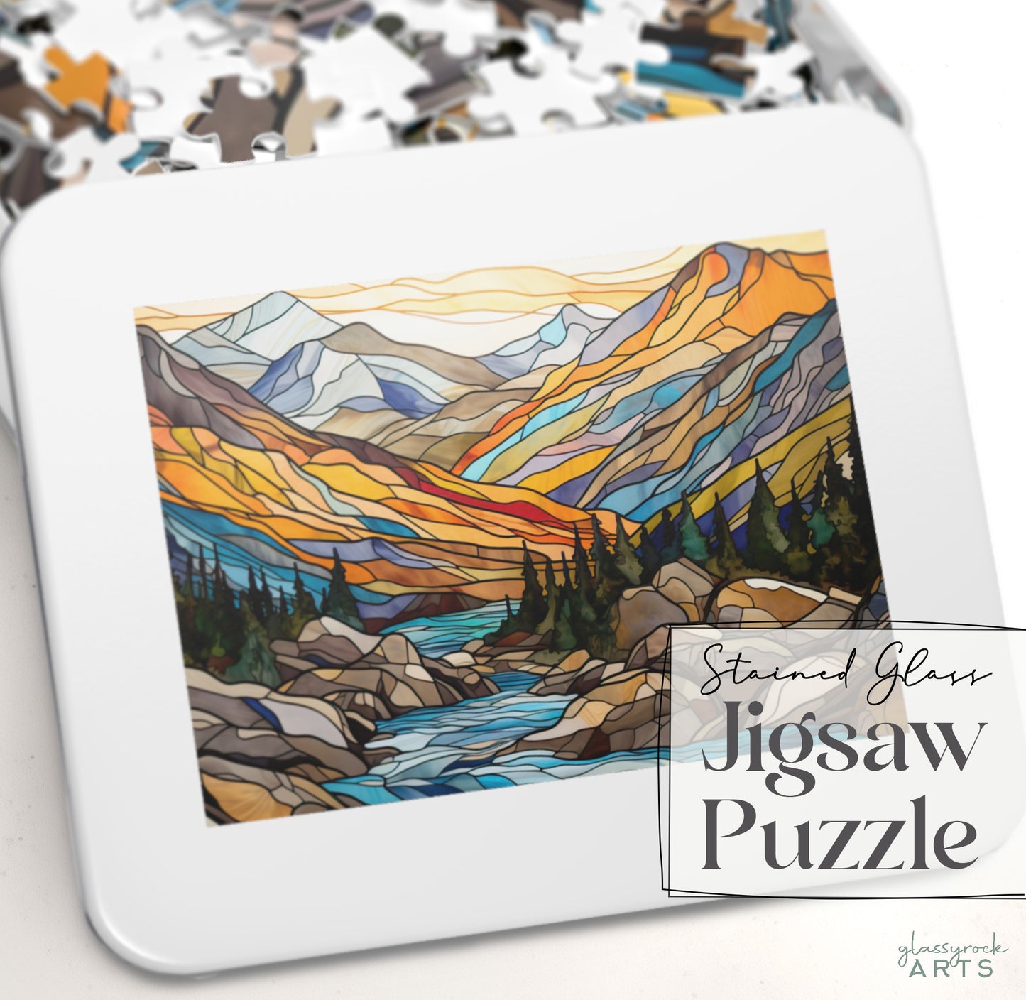 A picture of the Rocky Mountain National Park Stained Glass Jigsaw Puzzle from GlassyRock Arts. 