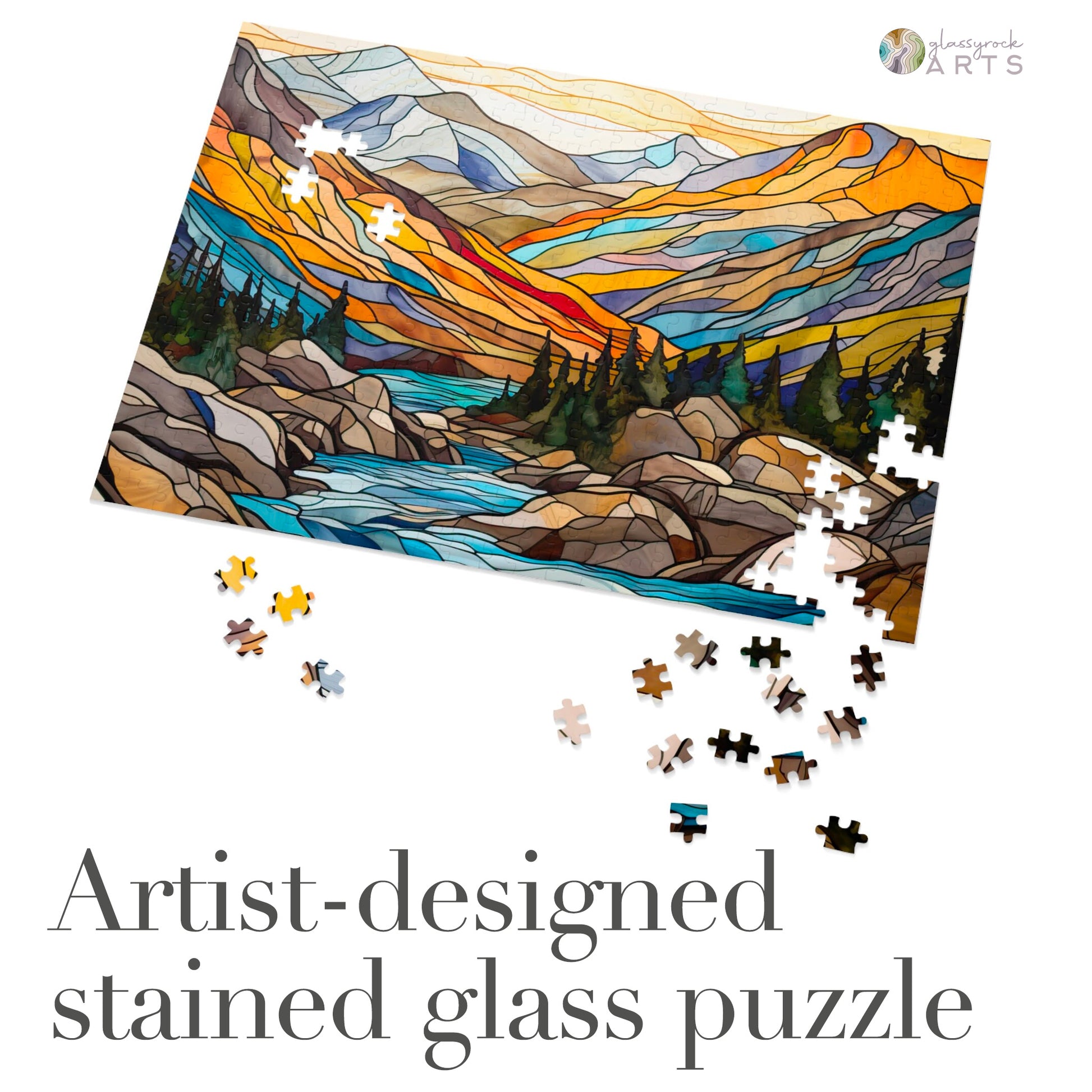 A picture of the Rocky Mountain National Park Stained Glass Jigsaw Puzzle from GlassyRock Arts. 