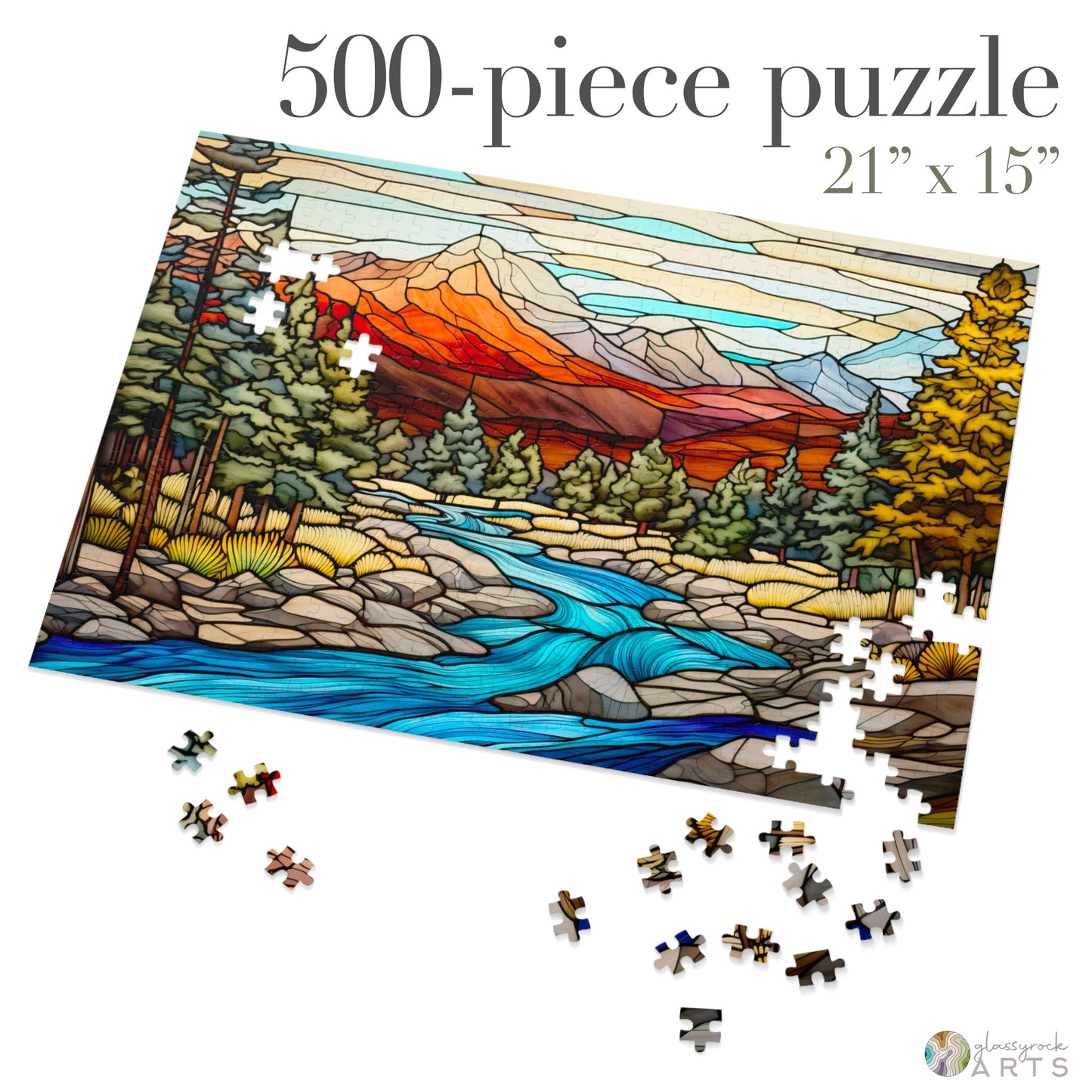 A picture of the Rocky Mountain National Park Stained Glass Jigsaw Puzzle from GlassyRock Arts. 