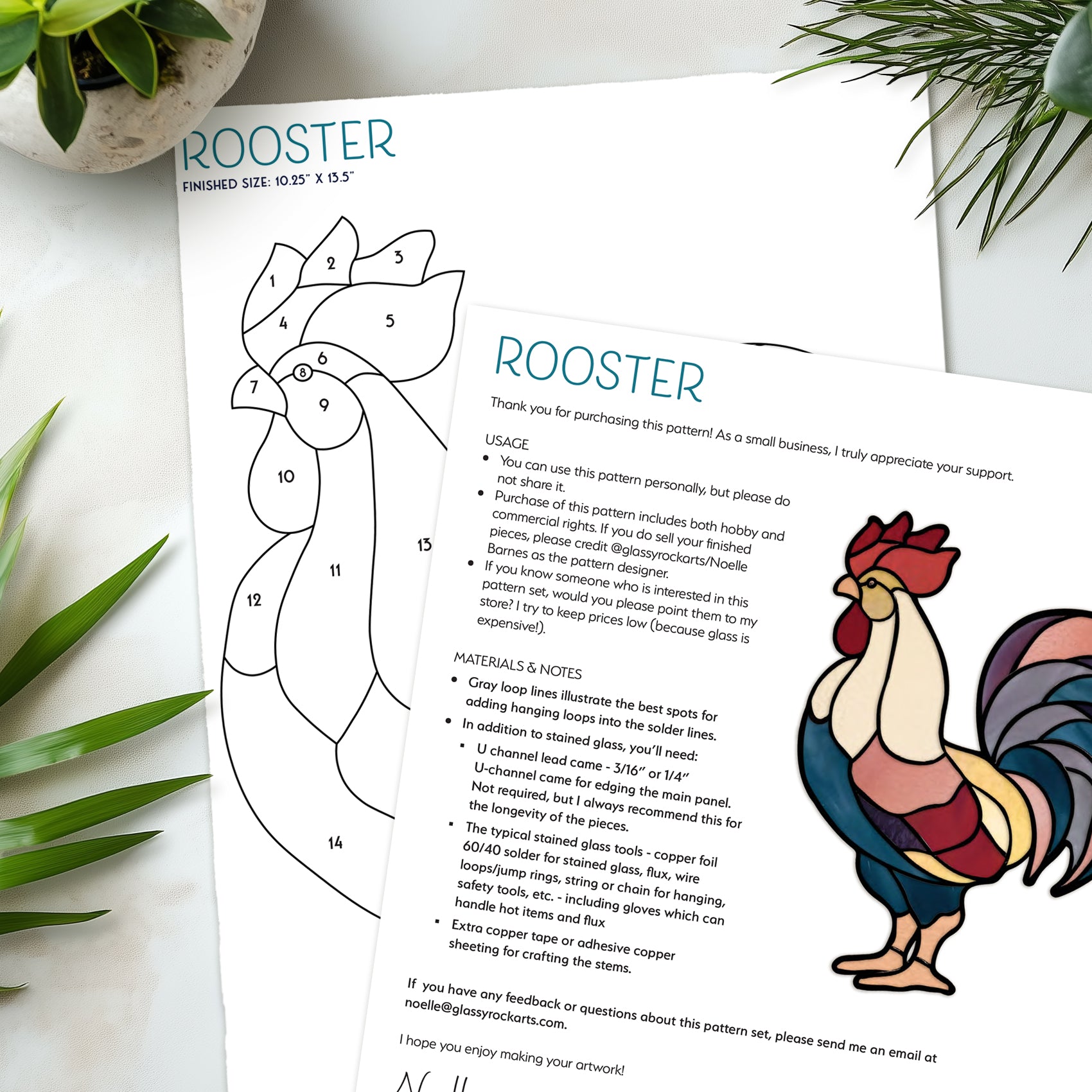 Rooster Stained Glass Pattern PDF & PNG - Crafting Patterns & Molds from GlassyRock Arts