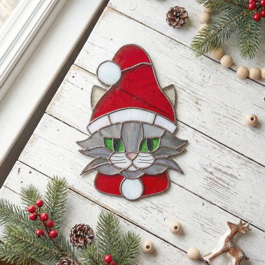 Santa Cat Christmas Stained Glass Pattern