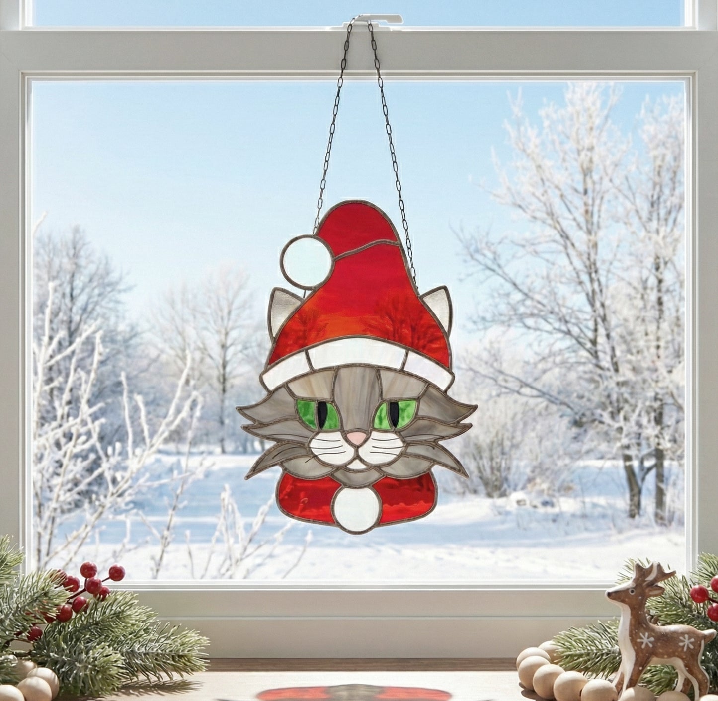 Santa Cat Christmas Stained Glass Pattern