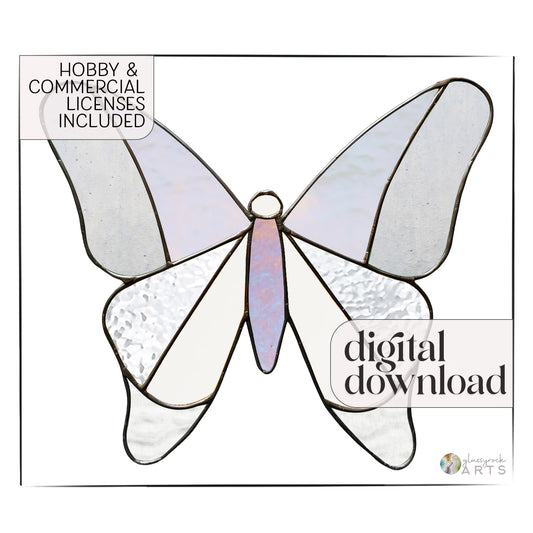 A simple butterfly made from 12 pieces of clear and iridescent glass, on a white background with the words "digital download" and "hobby and commercial licenses included" superimposed.