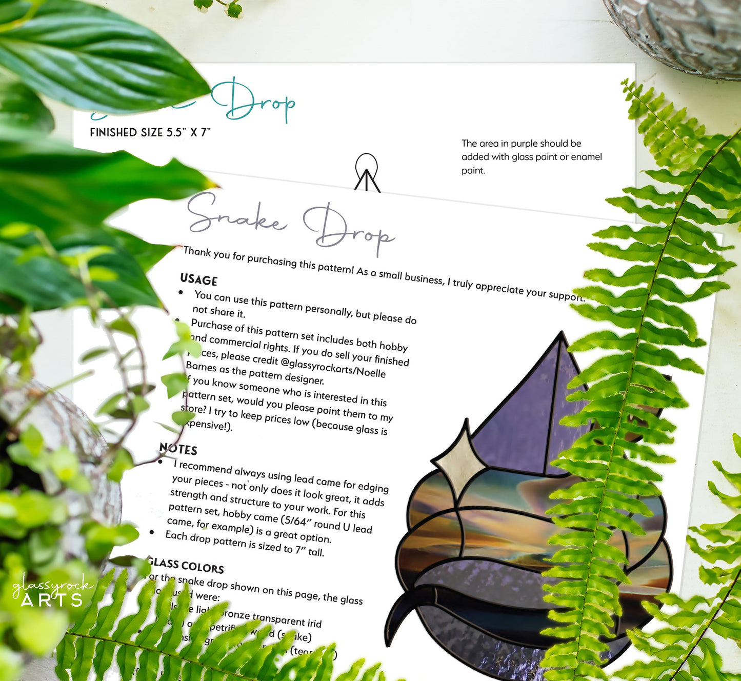 A page titled Snake Stained Glass Pattern Rain Drop features instructions, partly hidden by green ferns. It showcases a mystical stained glass leaf design with usage notes for small businesses and a glassgarden ARTS watermark in the corner.