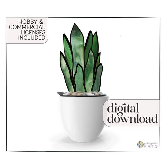 Illustration of a green succulent in a white pot with pebbles. Text says Hobby & Commercial Licenses Included and Digital Download, showing a subtle stained glass design. Logo at the bottom right corner. Product: 3D Snake Plant Leaves Stained Glass Pattern.